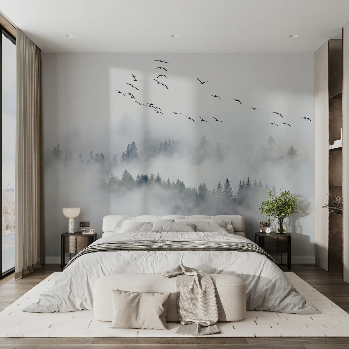 Fototapet Mlžný les a ptáci u32480