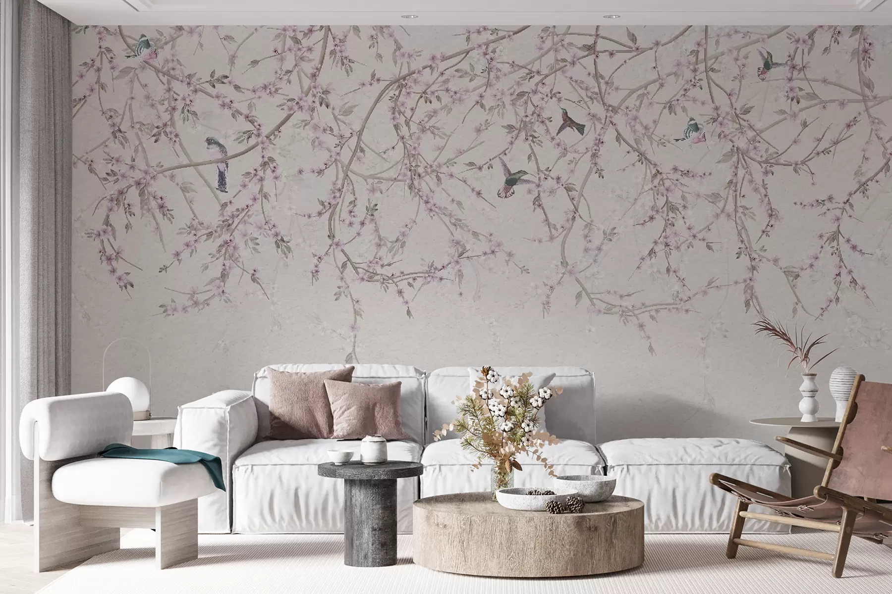 Fototapet Květinové větve a ptáci v mléčných barvách u58941v2
