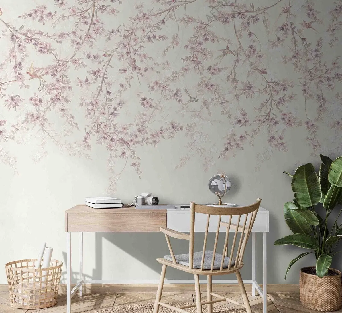 Fototapet Květinové větve a ptáci v mléčných barvách u58941v2