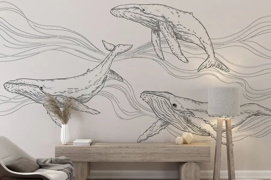 Fototapet Velryby v oceánu, mořská zvířata, line art, minimalismus, černobílé barvy u99733v4