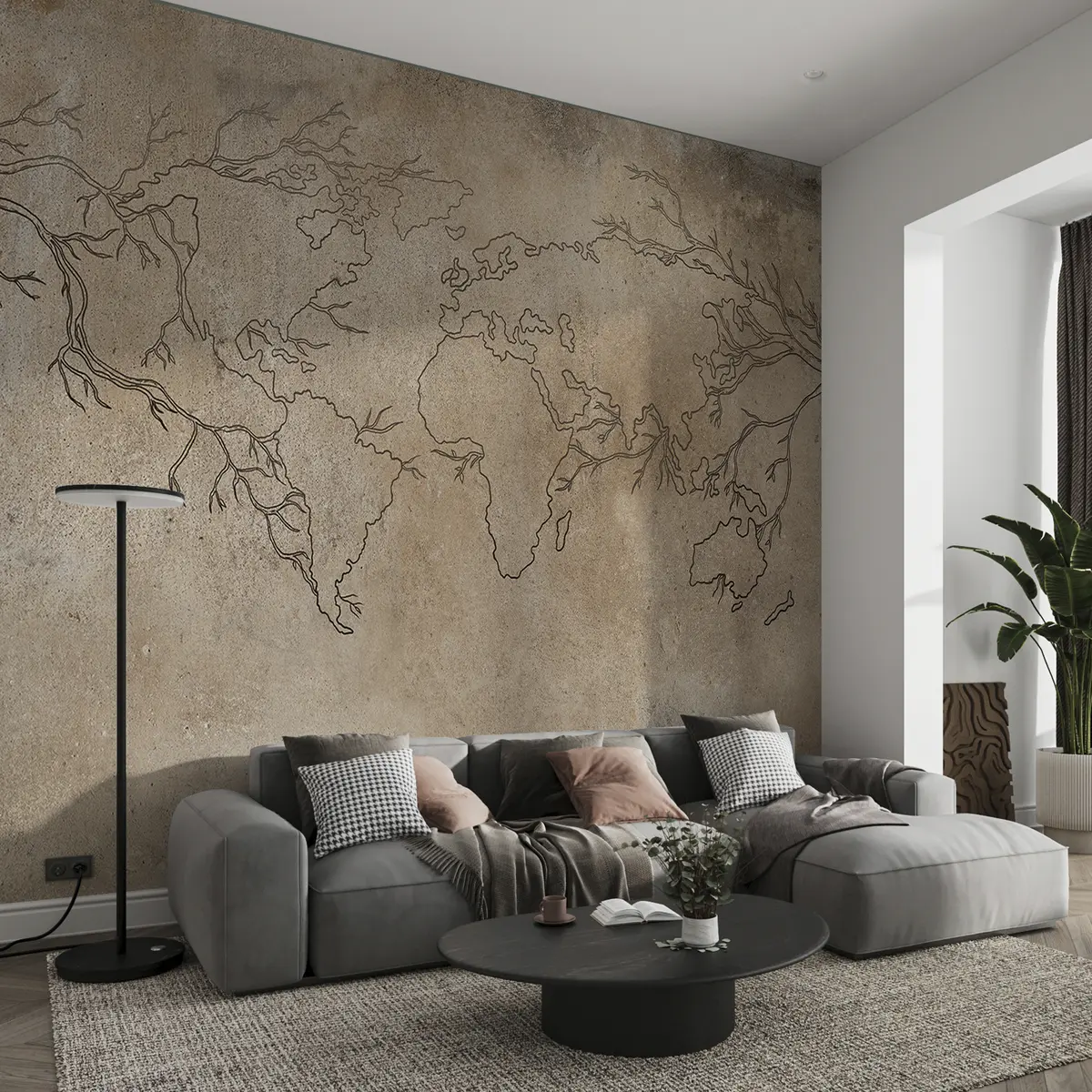 Fototapet Mapa světa, větve stromů, kresba čar, minimalismus, přírodní pozadí, béžová barva u99736