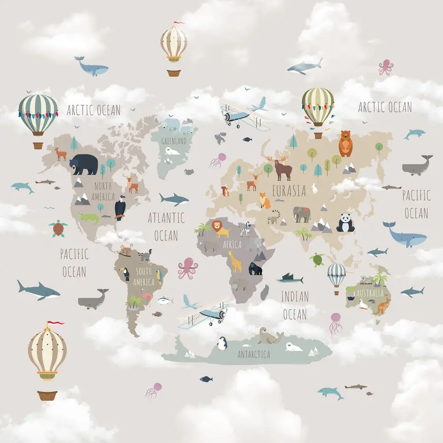Fototapet Mapa světa se zvířaty a balónky u96461d1