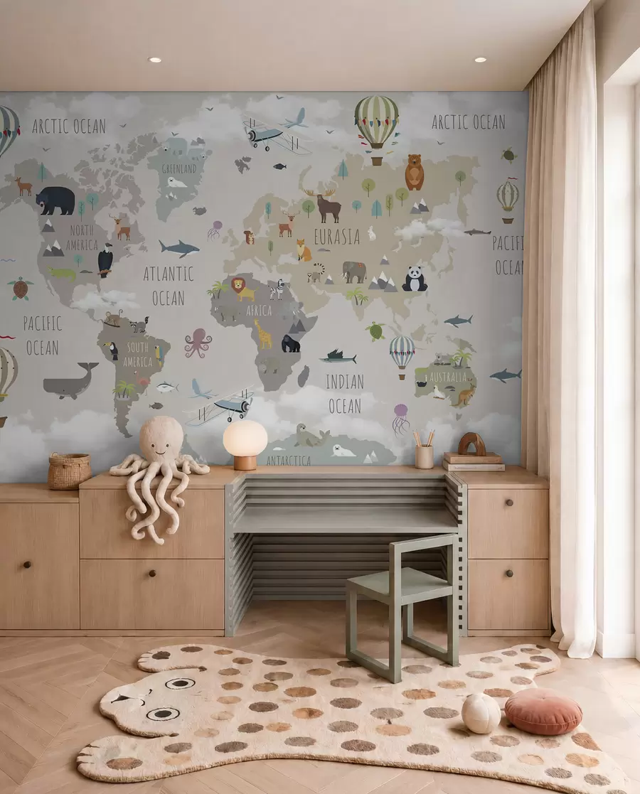 Fototapet Mapa světa se zvířaty a balónky u96461d2