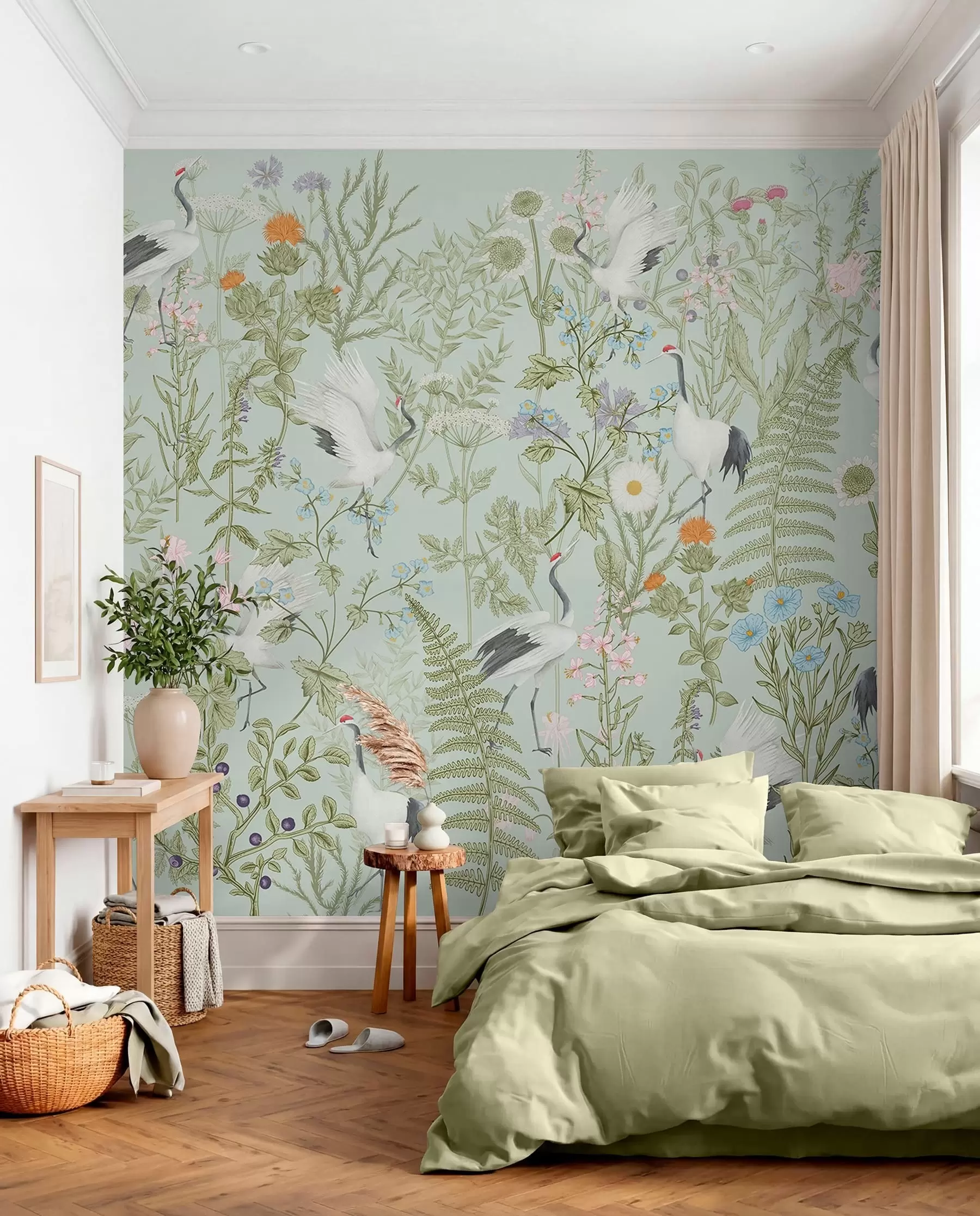 Fototapet Květinový ornament s ptáky, rustikální styl, botanický, louka, modré pozadí w00380v4