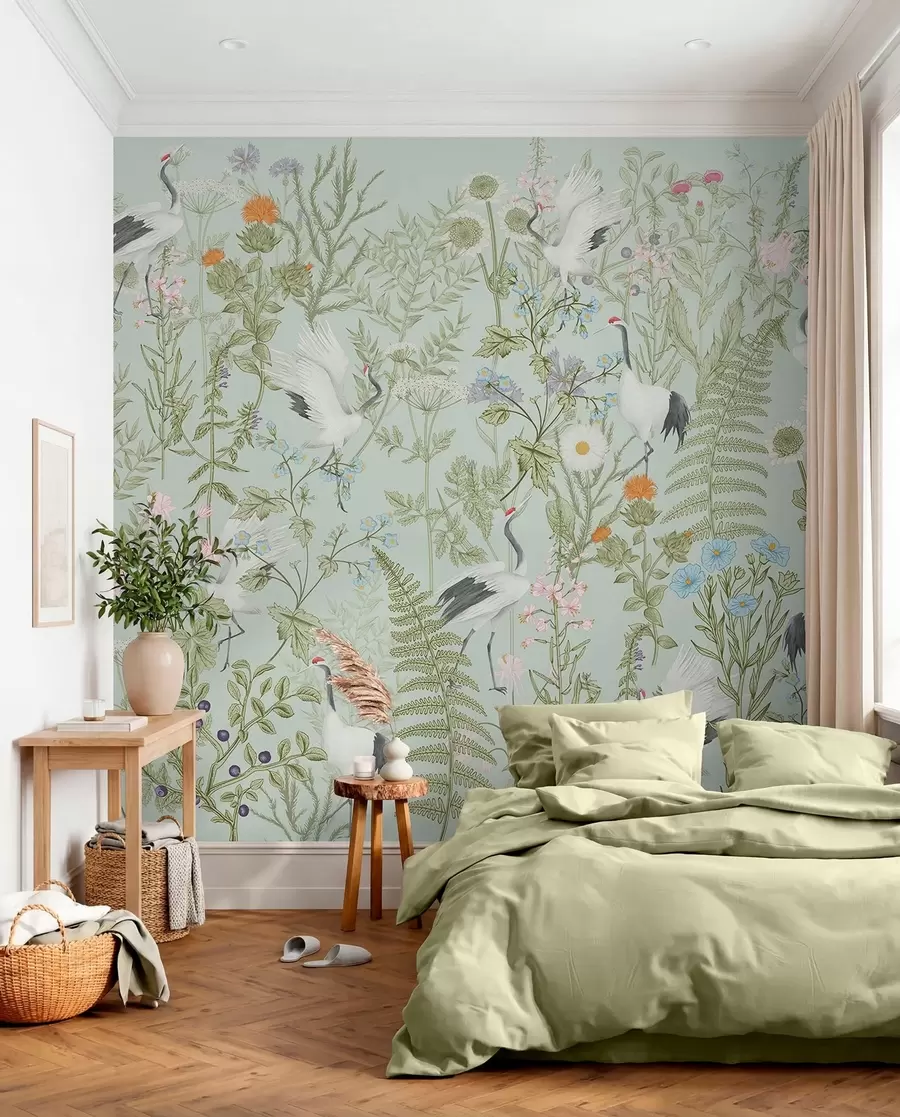 Fototapet Květinový ornament s ptáky, rustikální styl, botanický, louka, modré pozadí w00380v4