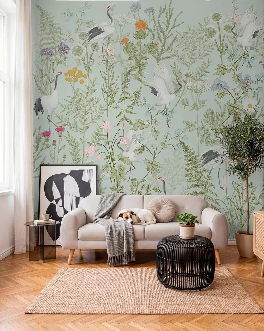Fototapet Květinový ornament s ptáky, rustikální styl, botanický, louka, modré pozadí w00380v4