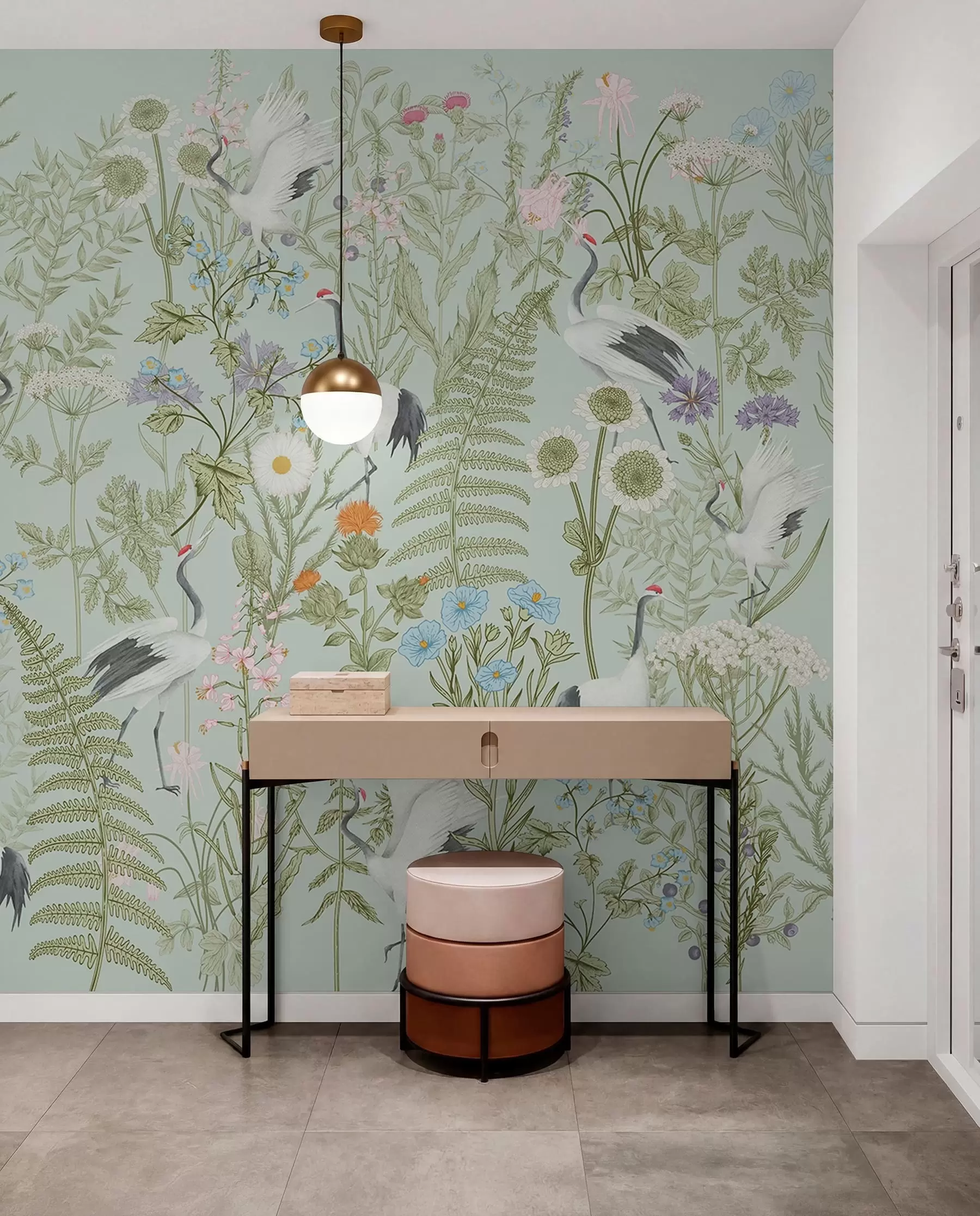 Fototapet Květinový ornament s ptáky, rustikální styl, botanický, louka, modré pozadí w00380v4