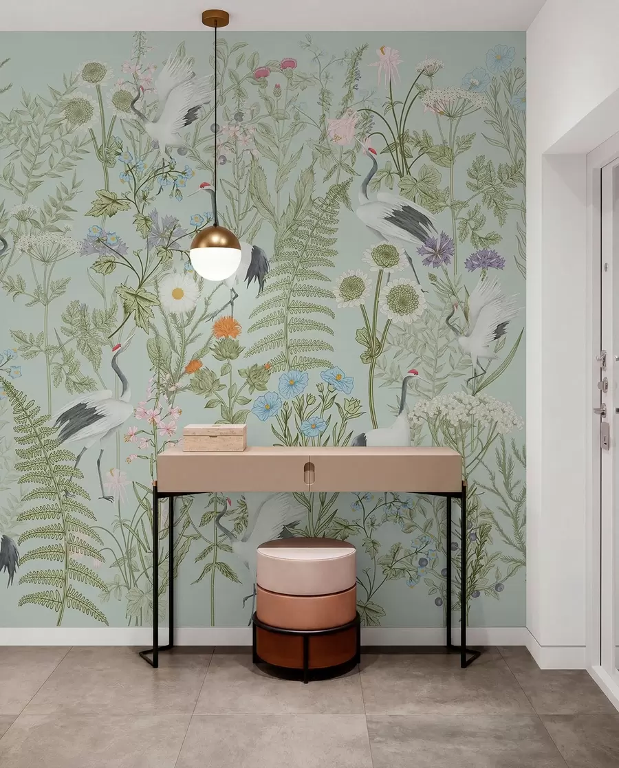 Fototapet Květinový ornament s ptáky, rustikální styl, botanický, louka, modré pozadí w00380v4