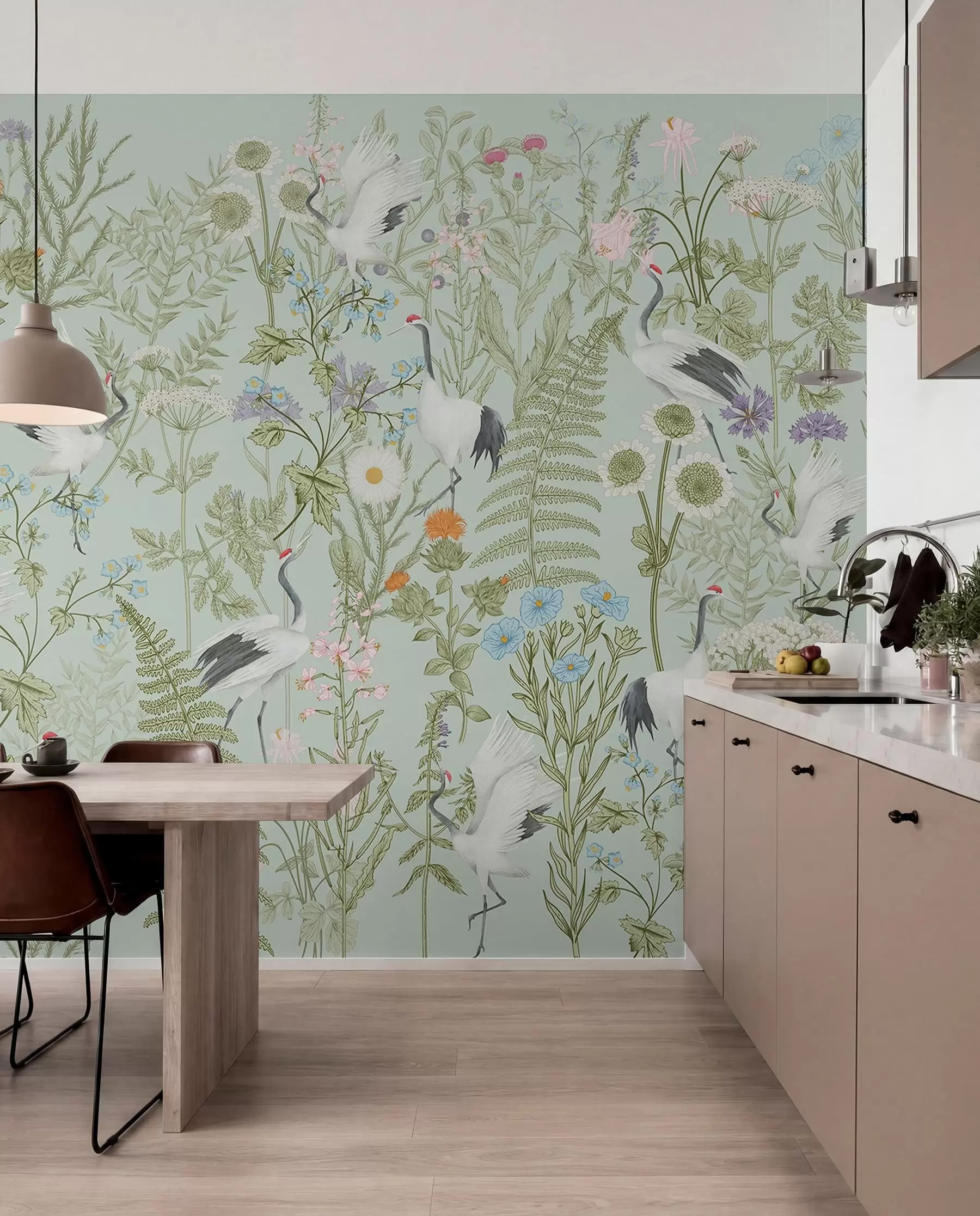 Fototapet Květinový ornament s ptáky, rustikální styl, botanický, louka, modré pozadí w00380v4