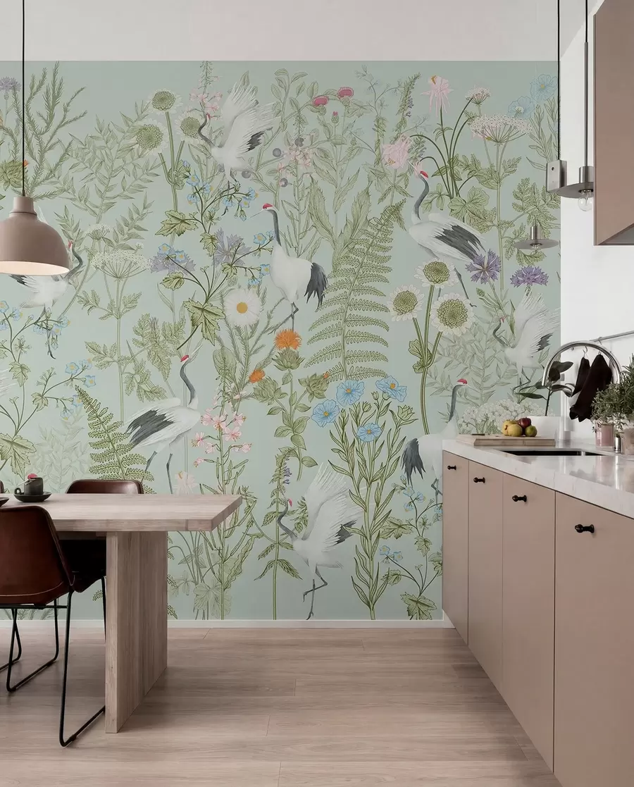 Fototapet Květinový ornament s ptáky, rustikální styl, botanický, louka, modré pozadí w00380v4