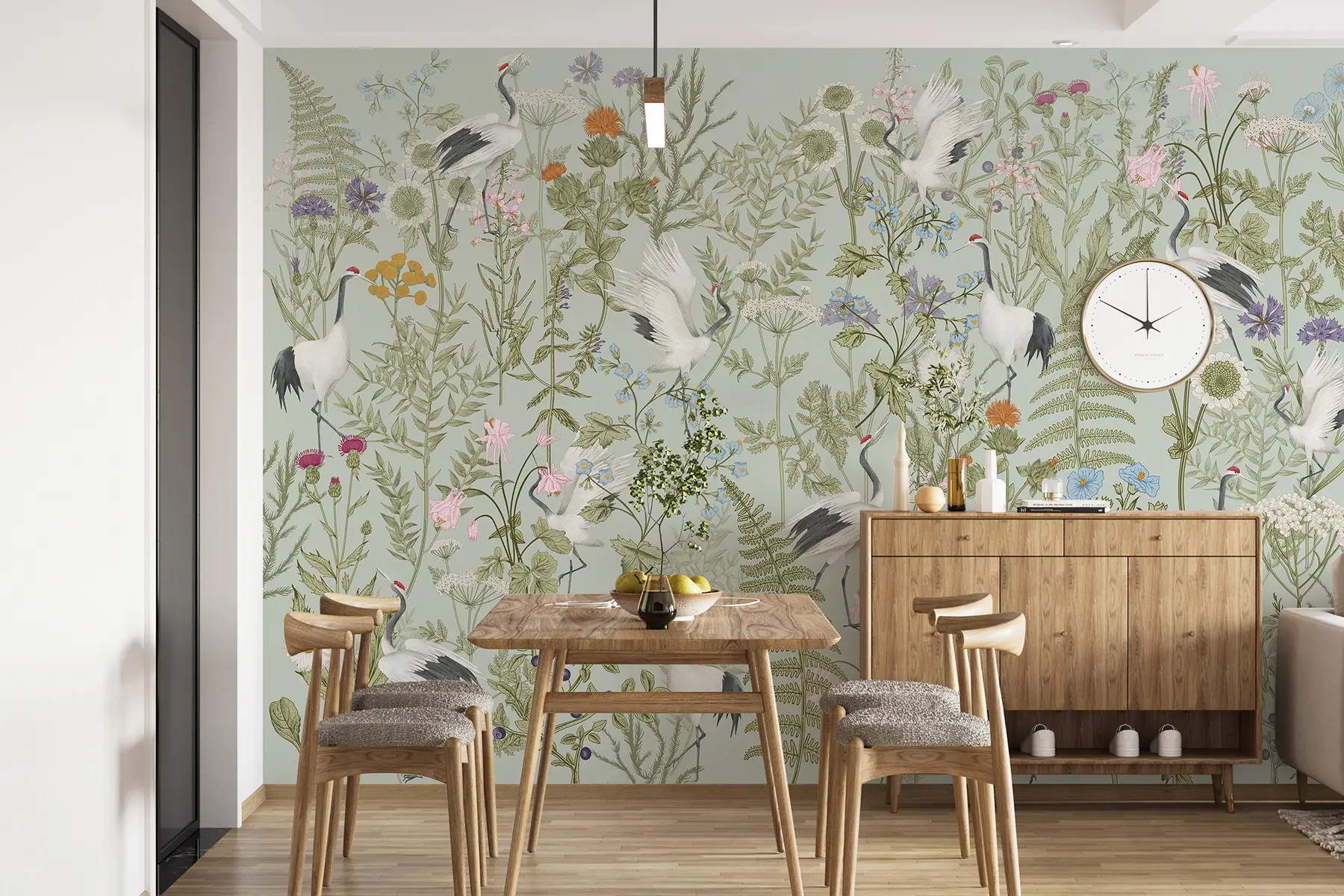 Fototapet Květinový ornament s ptáky, rustikální styl, botanický, louka, modré pozadí w00380v4