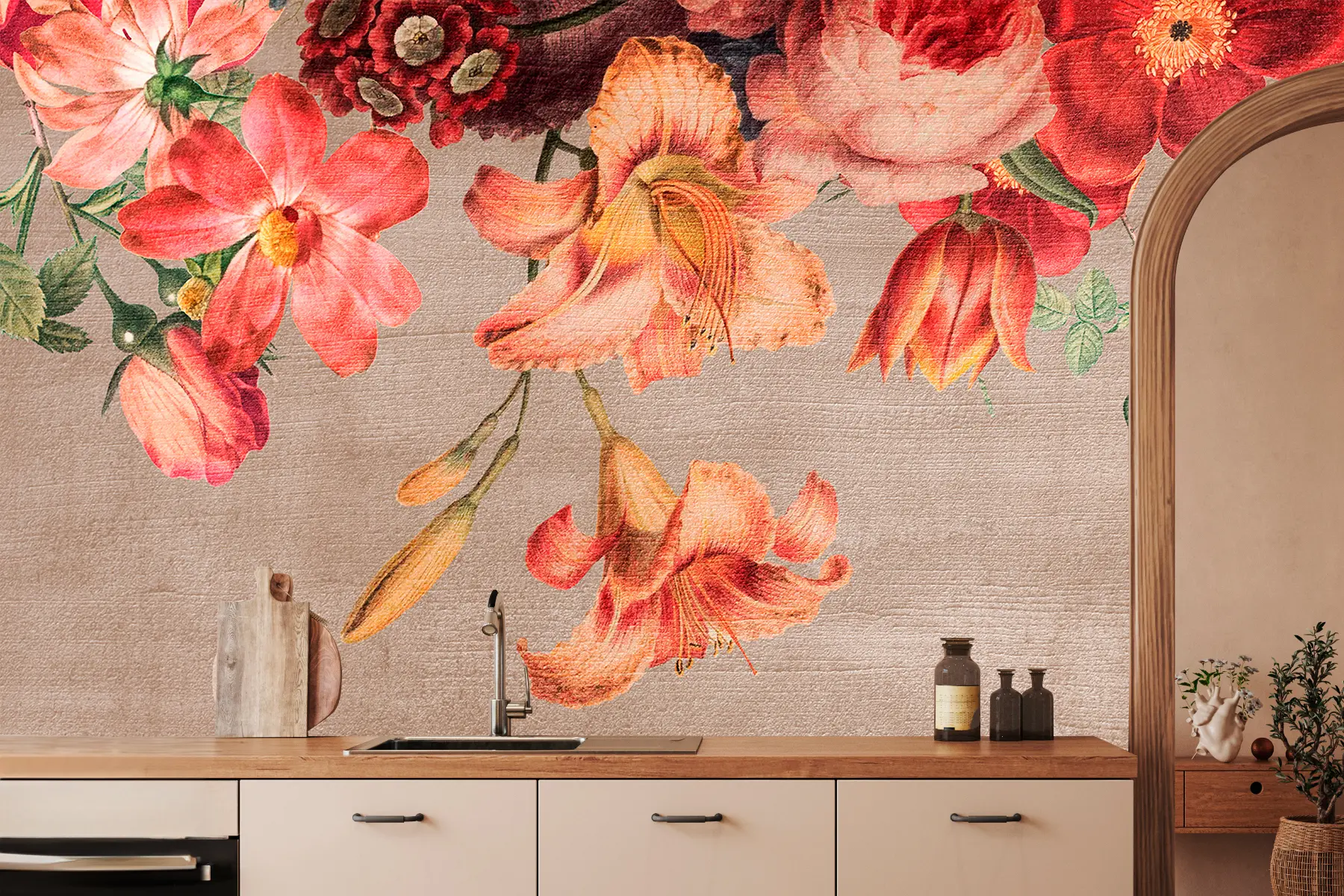 Fototapet Botanická ilustrace kytice květin zátiší na hnědém pozadí  w00427