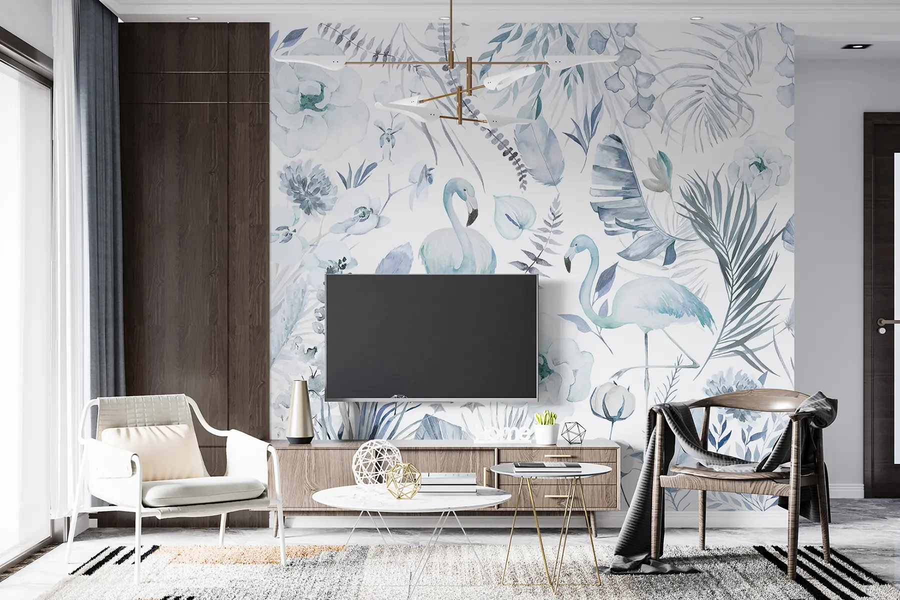 Fototapet Akvarel ve stylu boho, plameňáci, tropické listy, bavlna, orchidej, pivoňka, modrá barva w00507v1