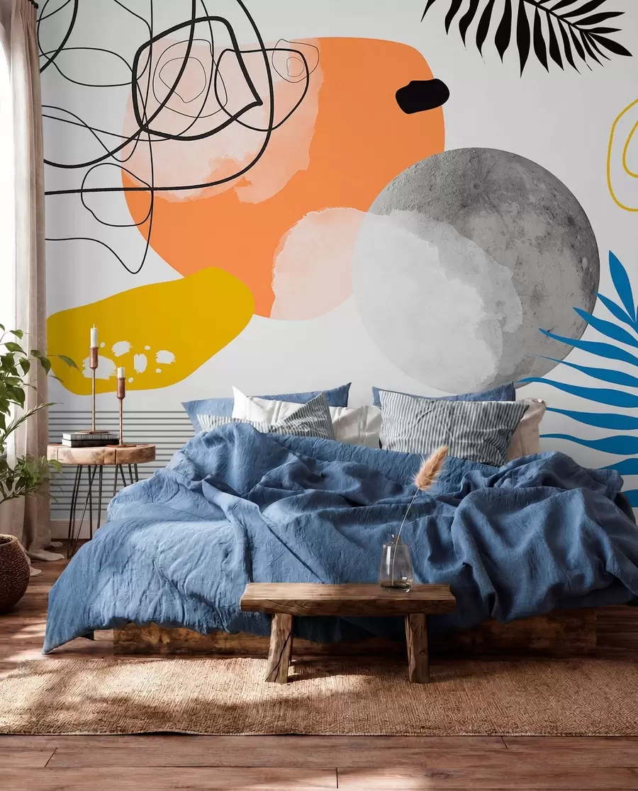 Fototapet Abstraktní moderní, minimalismus, boho, geometrie, akvarelové skvrny, úplněk, silueta palmového listu, topografie, složitost, oranžová, žlutá, šedá w00508