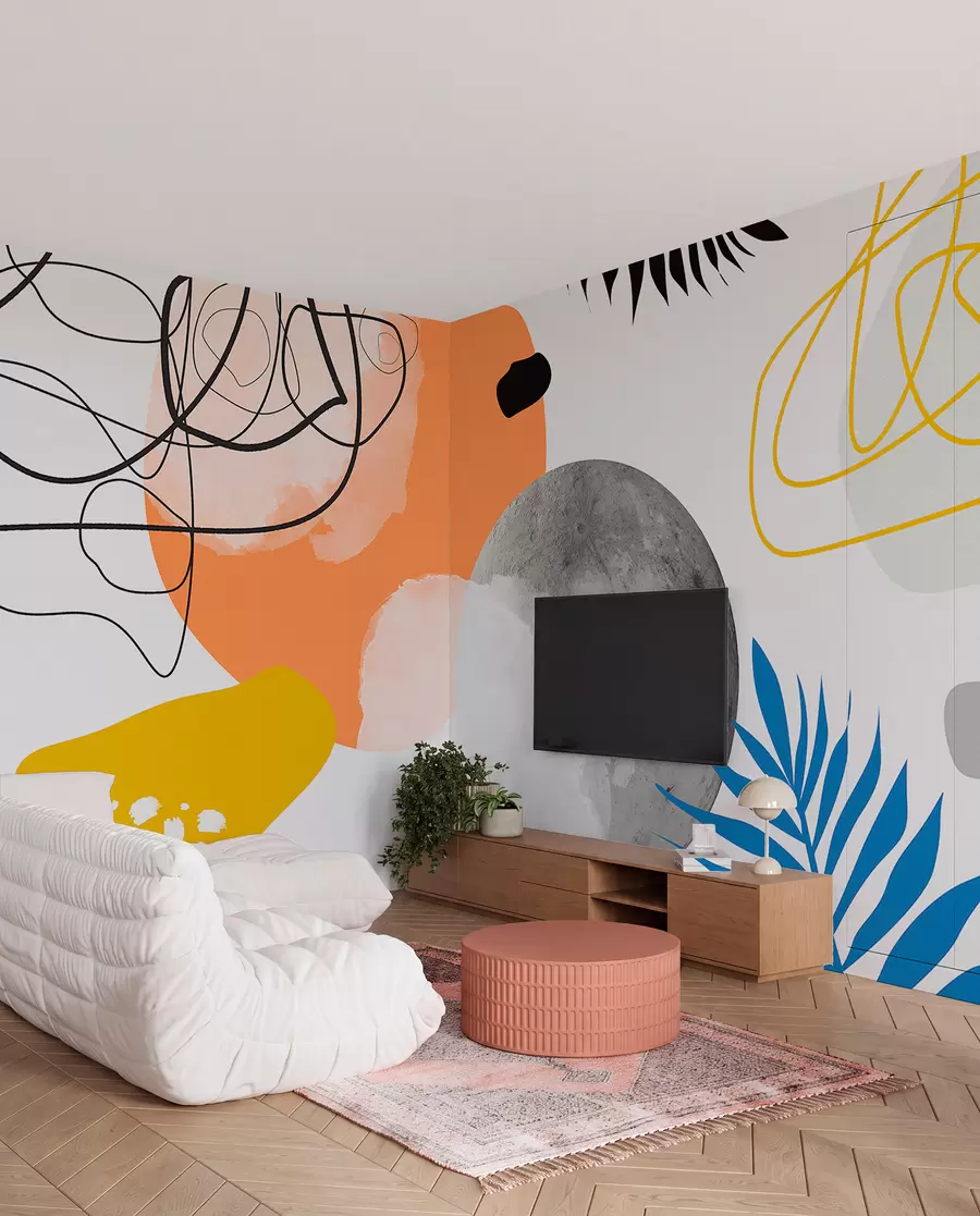 Fototapet Abstraktní moderní, minimalismus, boho, geometrie, akvarelové skvrny, úplněk, silueta palmového listu, topografie, složitost, oranžová, žlutá, šedá w00508