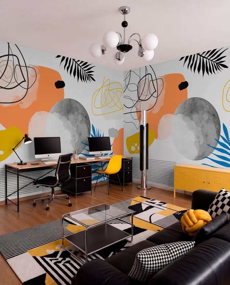 Fototapet Abstraktní moderní, minimalismus, boho, geometrie, akvarelové skvrny, úplněk, silueta palmového listu, topografie, složitost, oranžová, žlutá, šedá w00508