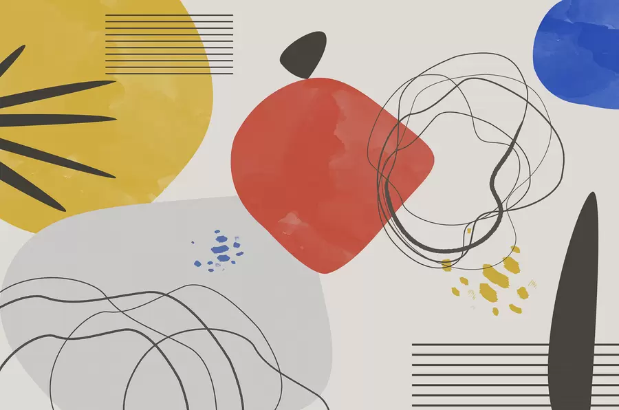 Fototapet Moderní abstrakce, světlý bod, boho, geometrie, topografie, křivky, čáry, červená, žlutá, modrá, černá w00514