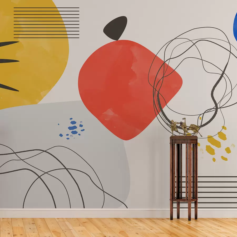 Fototapet Moderní abstrakce, světlý bod, boho, geometrie, topografie, křivky, čáry, červená, žlutá, modrá, černá w00514