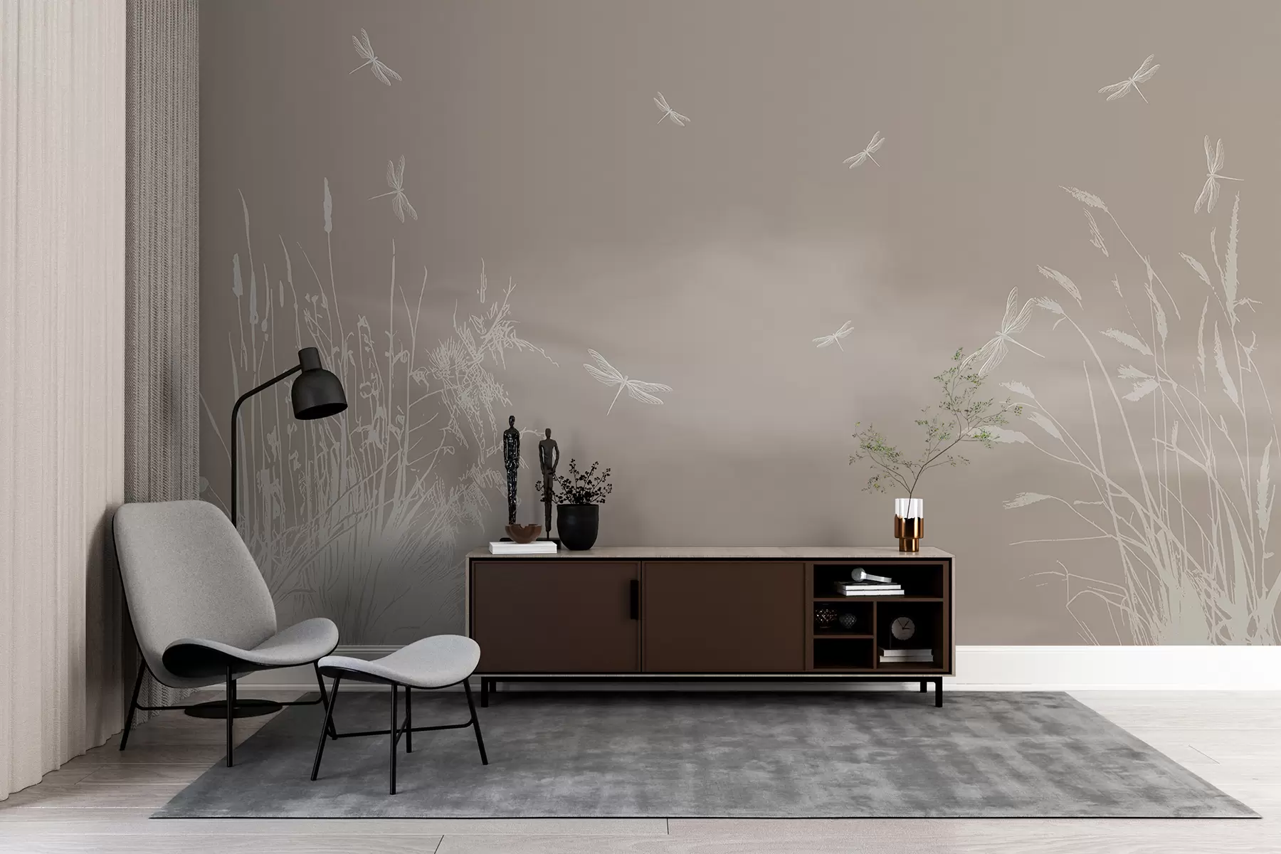 Fototapet Silueta rákosu a vážek na hnědém pozadí w00558