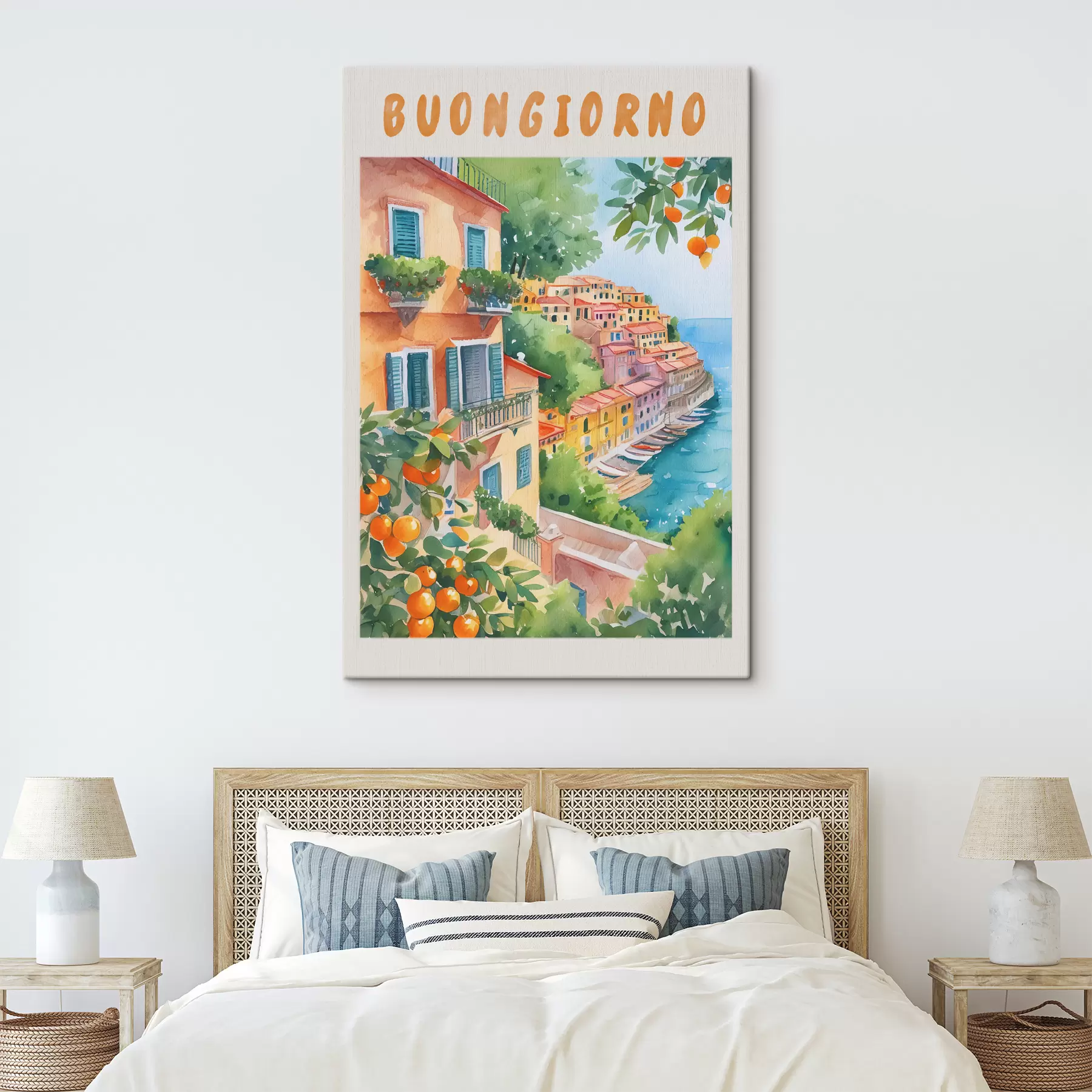 Obraz Italská městská architektura, pobřeží Amalfi, léto, akvarel, citroník Č. s38393