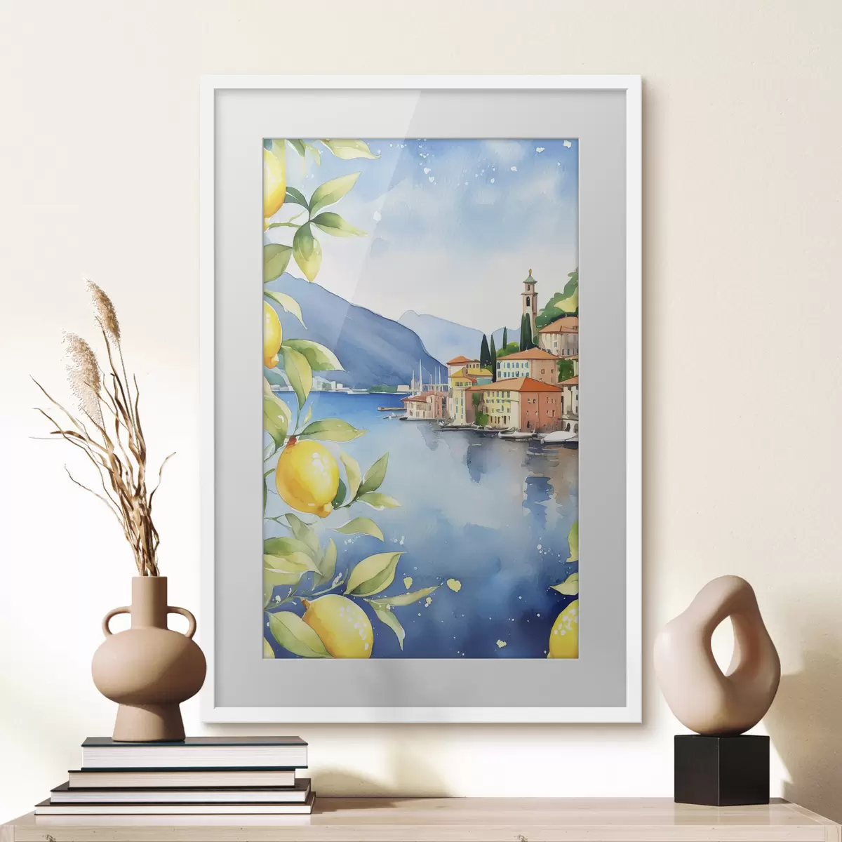 Poster Italské jezero, léto, akvarel, přírodní krajina, citrony, městská architektura f38397
