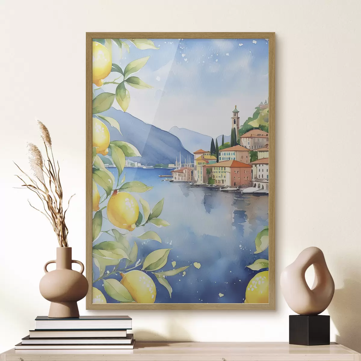 Poster Italské jezero, léto, akvarel, přírodní krajina, citrony, městská architektura f38397