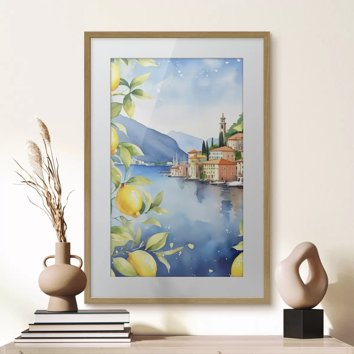 Poster Italské jezero, léto, akvarel, přírodní krajina, citrony, městská architektura f38397