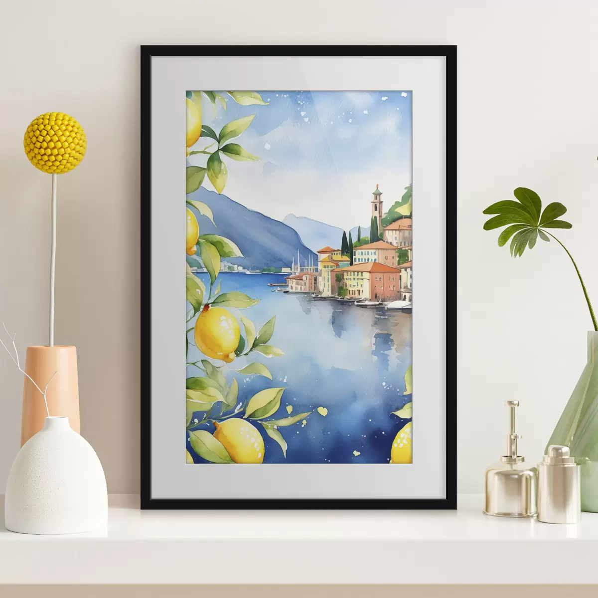 Poster Italské jezero, léto, akvarel, přírodní krajina, citrony, městská architektura f38397