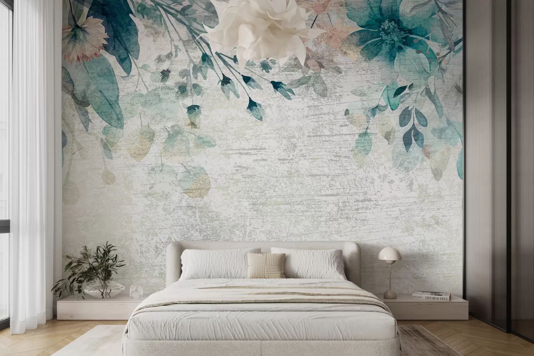 Fototapet Velké modré a bílé květy, listy a větve proti texturované zdi w00697