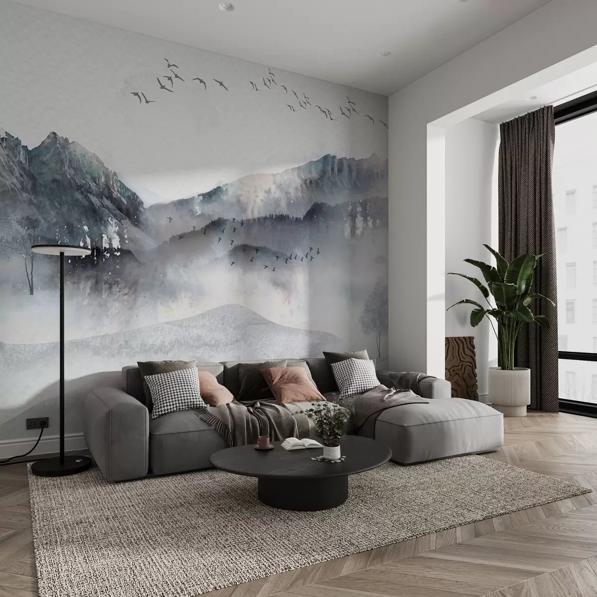 Fototapet Krajina s horami v pozadí, s několika stromy viditelnými v popředí klidné  w00707