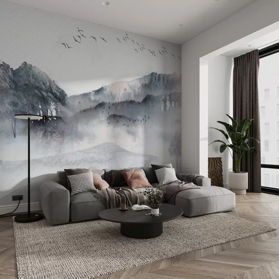 Fototapet Krajina s horami v pozadí, s několika stromy viditelnými v popředí klidné  w00707