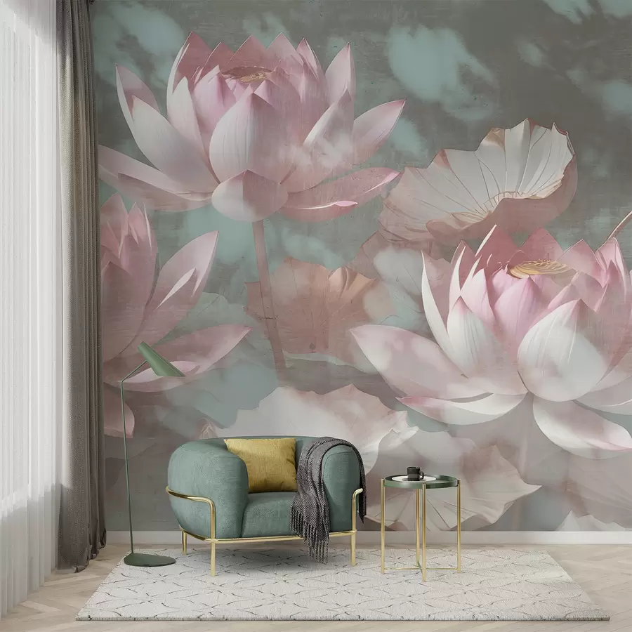 Fototapet Detailní záběr několika jemných růžových lotosových květů na měkkém, rozmazaném pozadí w00710