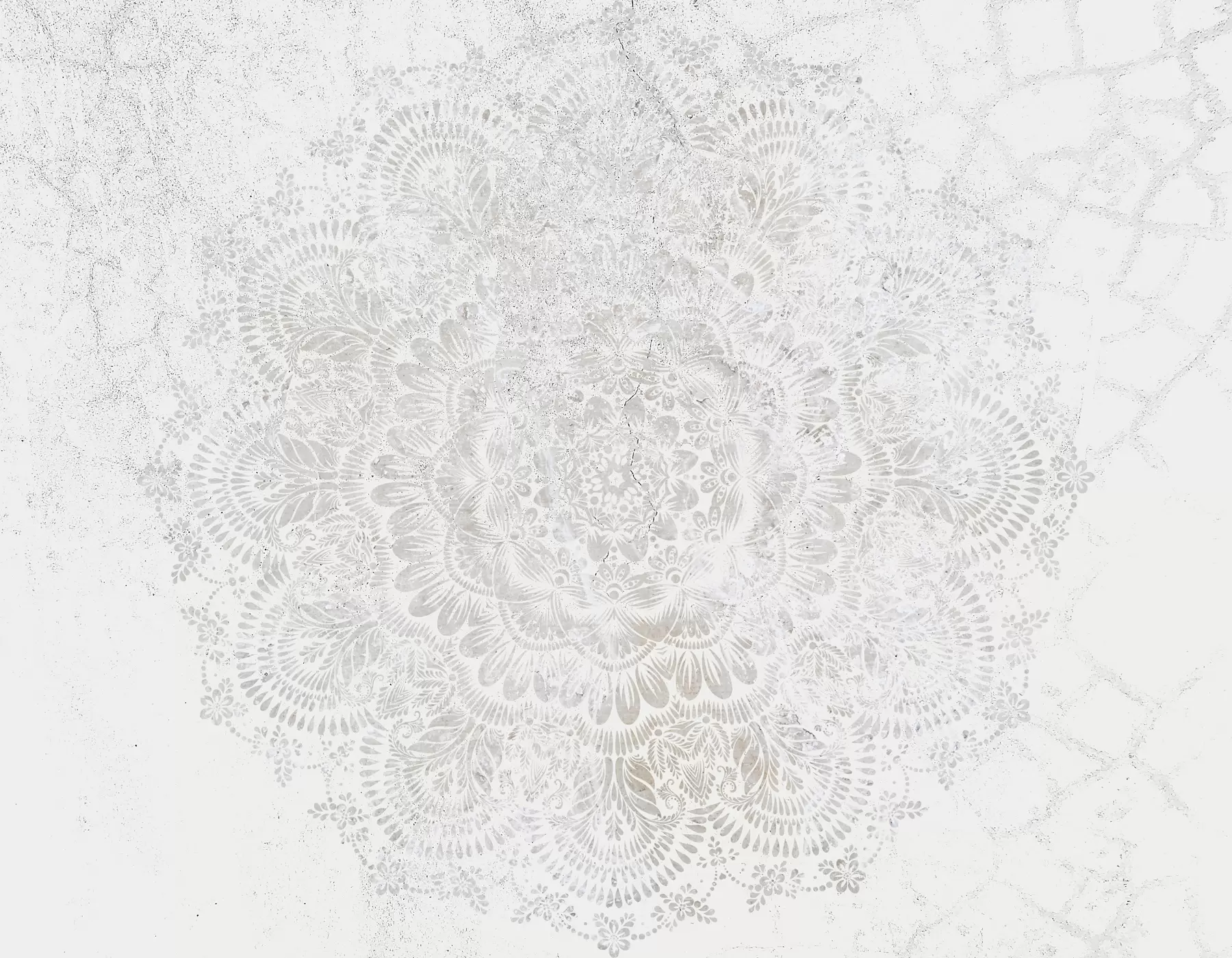 Fototapet Mandala, bílý krajkový vzor s květinovými a kruhovými motivy, vytváří jemný a složitý design w00737