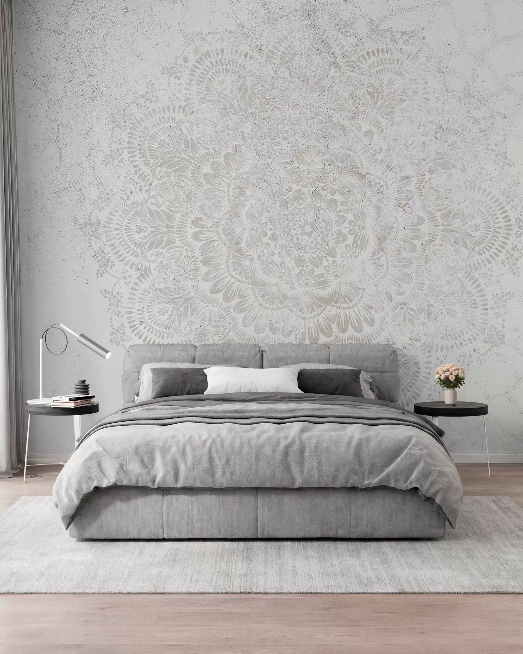 Fototapet Mandala, bílý krajkový vzor s květinovými a kruhovými motivy, vytváří jemný a složitý design w00737