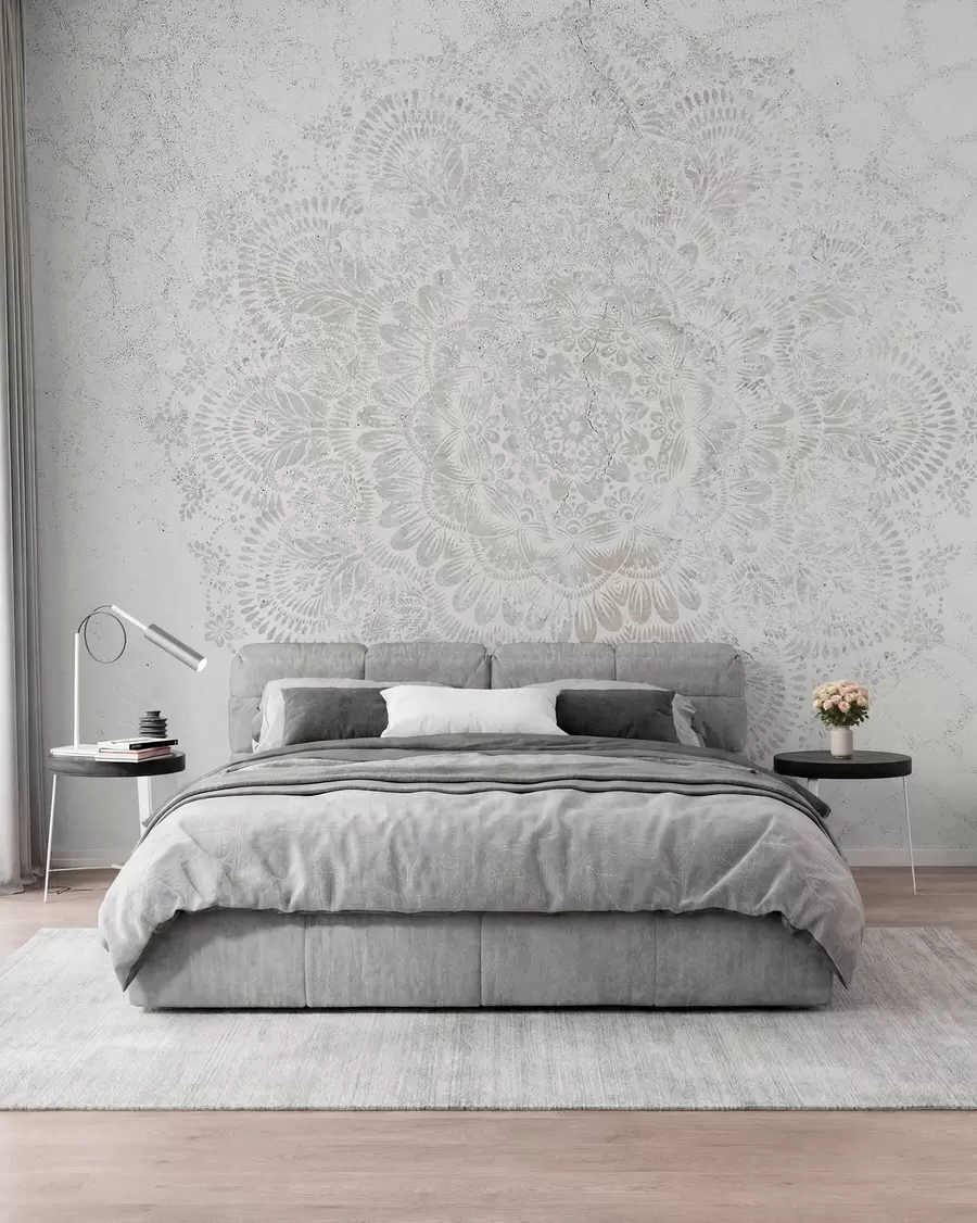 Fototapet Mandala, bílý krajkový vzor s květinovými a kruhovými motivy, vytváří jemný a složitý design w00737