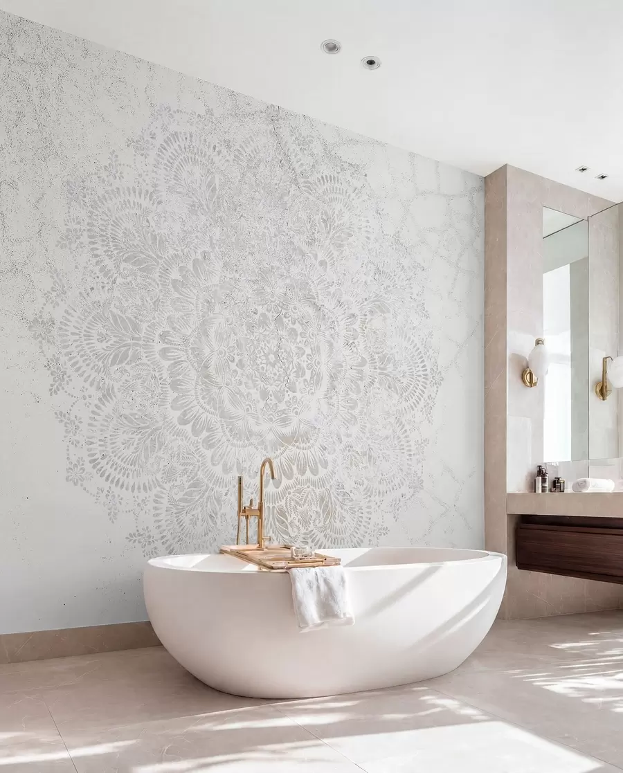 Fototapet Mandala, bílý krajkový vzor s květinovými a kruhovými motivy, vytváří jemný a složitý design w00737
