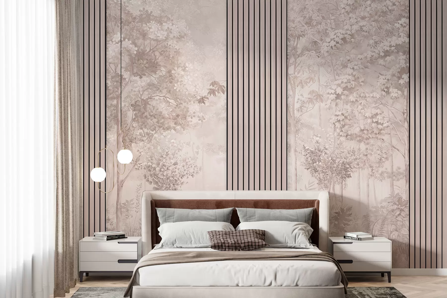 Fototapet Dřevěné panely a jemný les v růžových tónech w00670v1