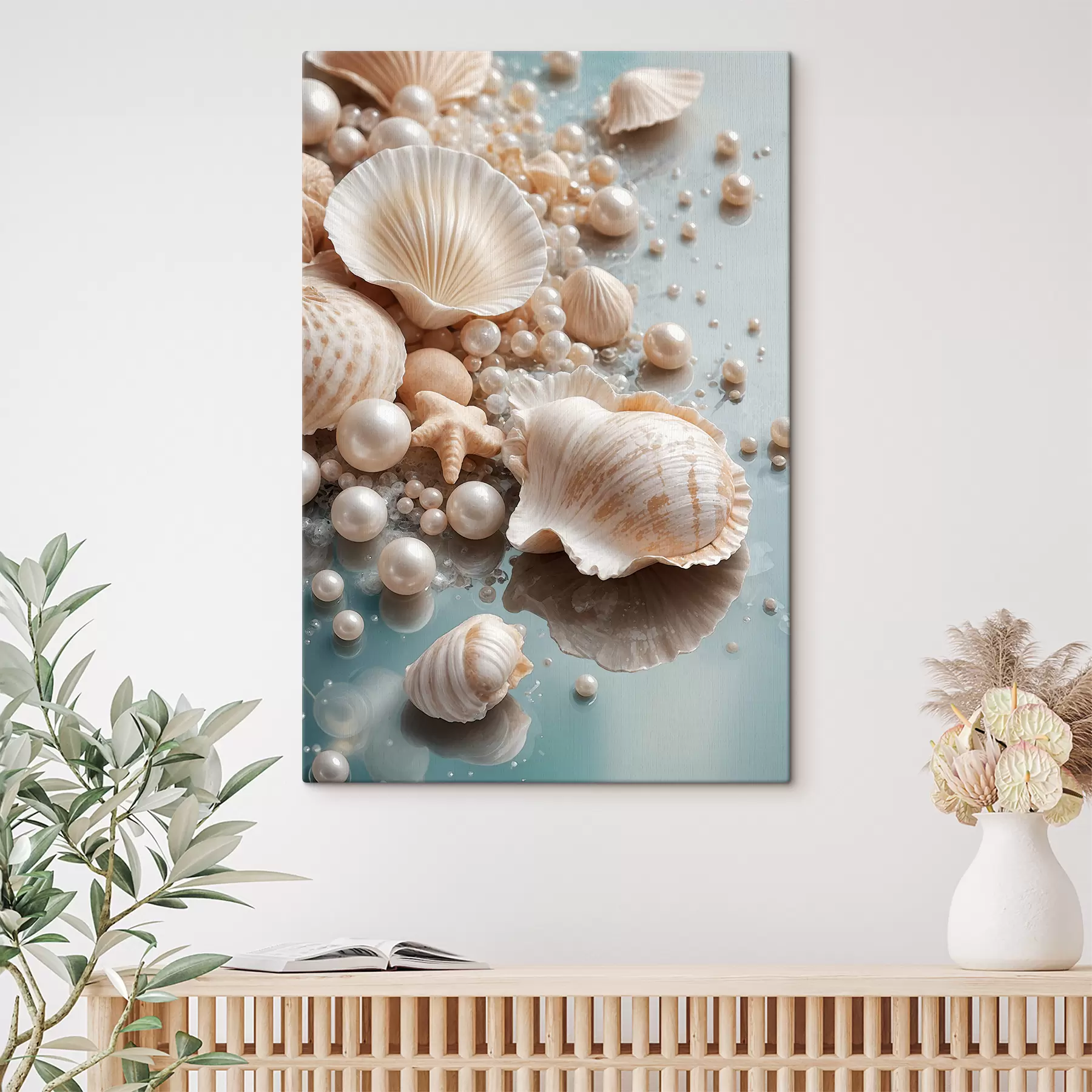 Fototapet Různé mušle a perly na světle modrém pozadí s38769