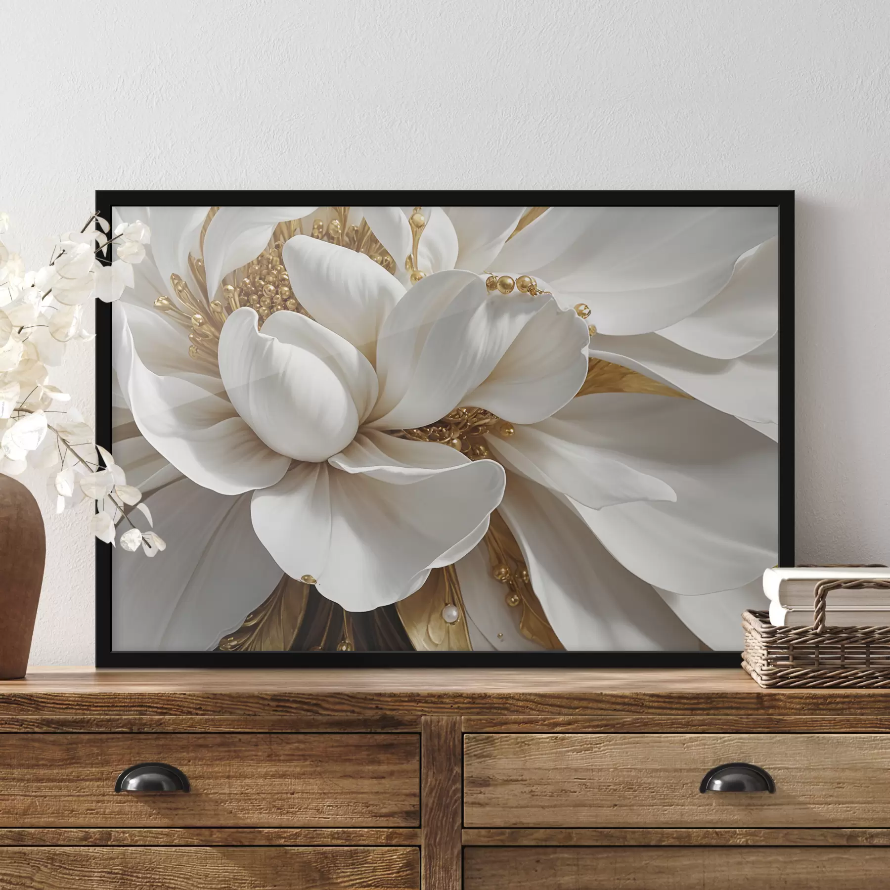 Fototapet Detailní záběr velkého bílého květu s jemnými okvětními lístky a tyčinkami uprostřed minimalismu f38762