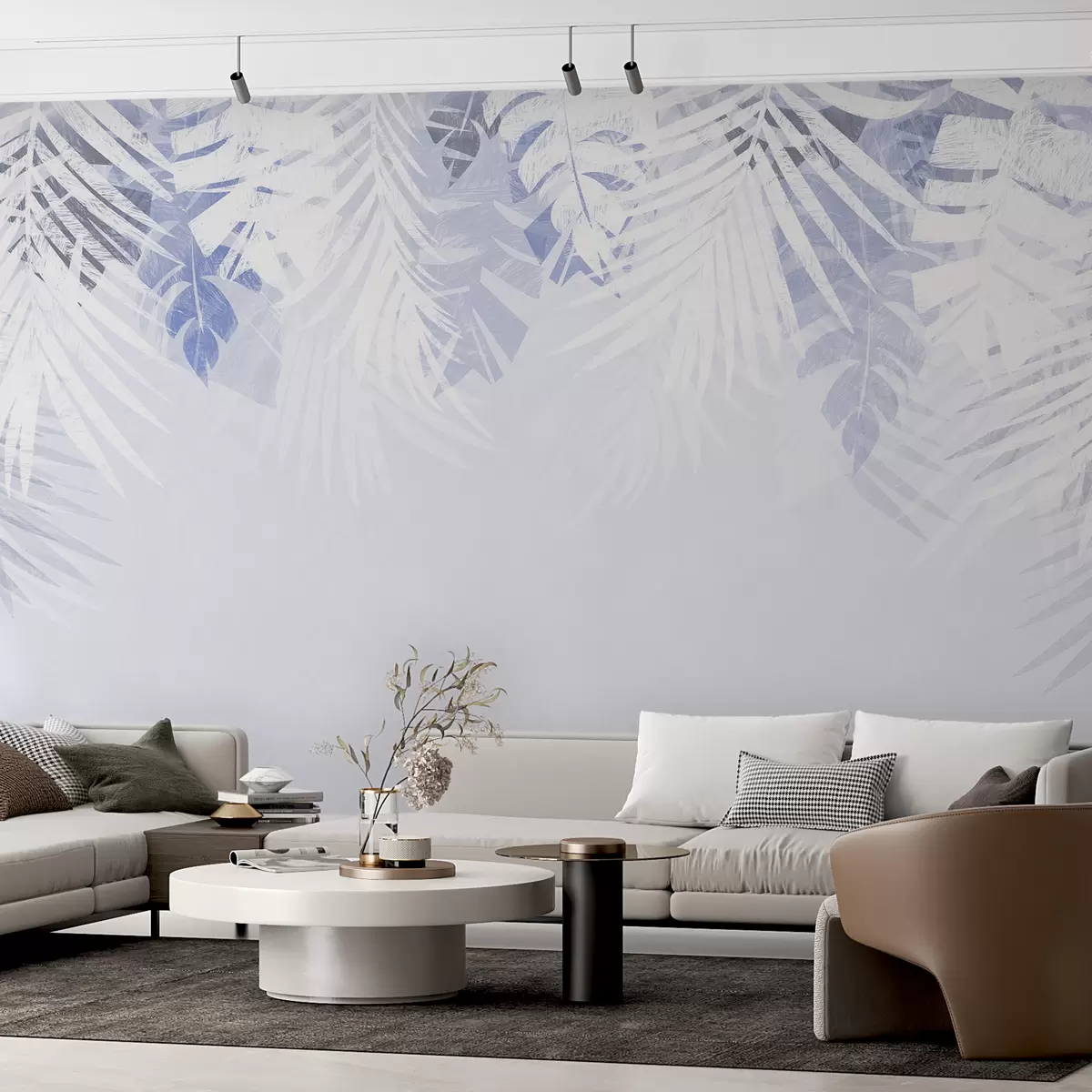 Fototapet Tropické listí a větvičky, bílá a modrá barva w00793v1