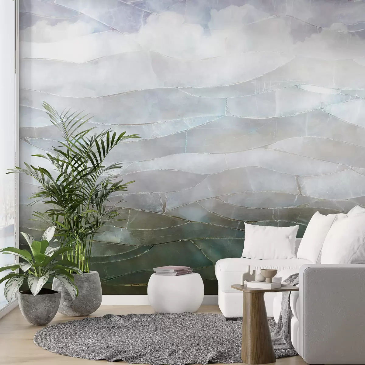 Fototapet Texturovaná mlhavá, kopcovitá abstraktní krajina s přechodem se zelenými poli v mlze w00795