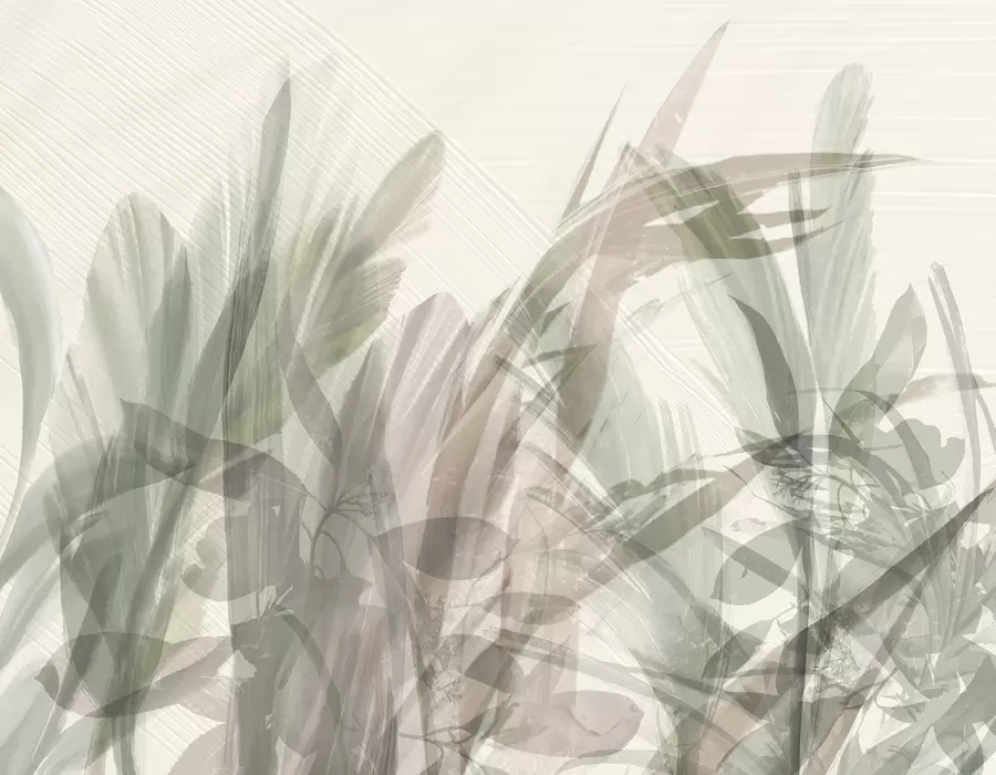 Fototapet Abstraktní multikompozice tvarů rozmazaných tropických listů podobných trávě v odstínech světle zelené a šedé w00798