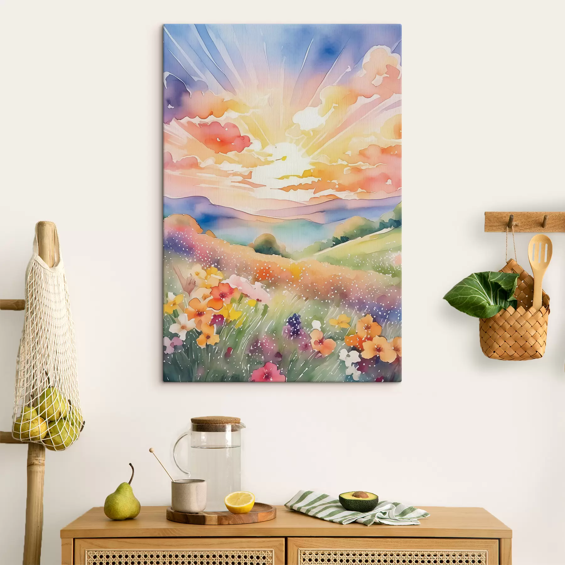 Obraz Západ slunce v letním poli, květiny, slunce, barevné nebe, mraky, příroda Č. s38842