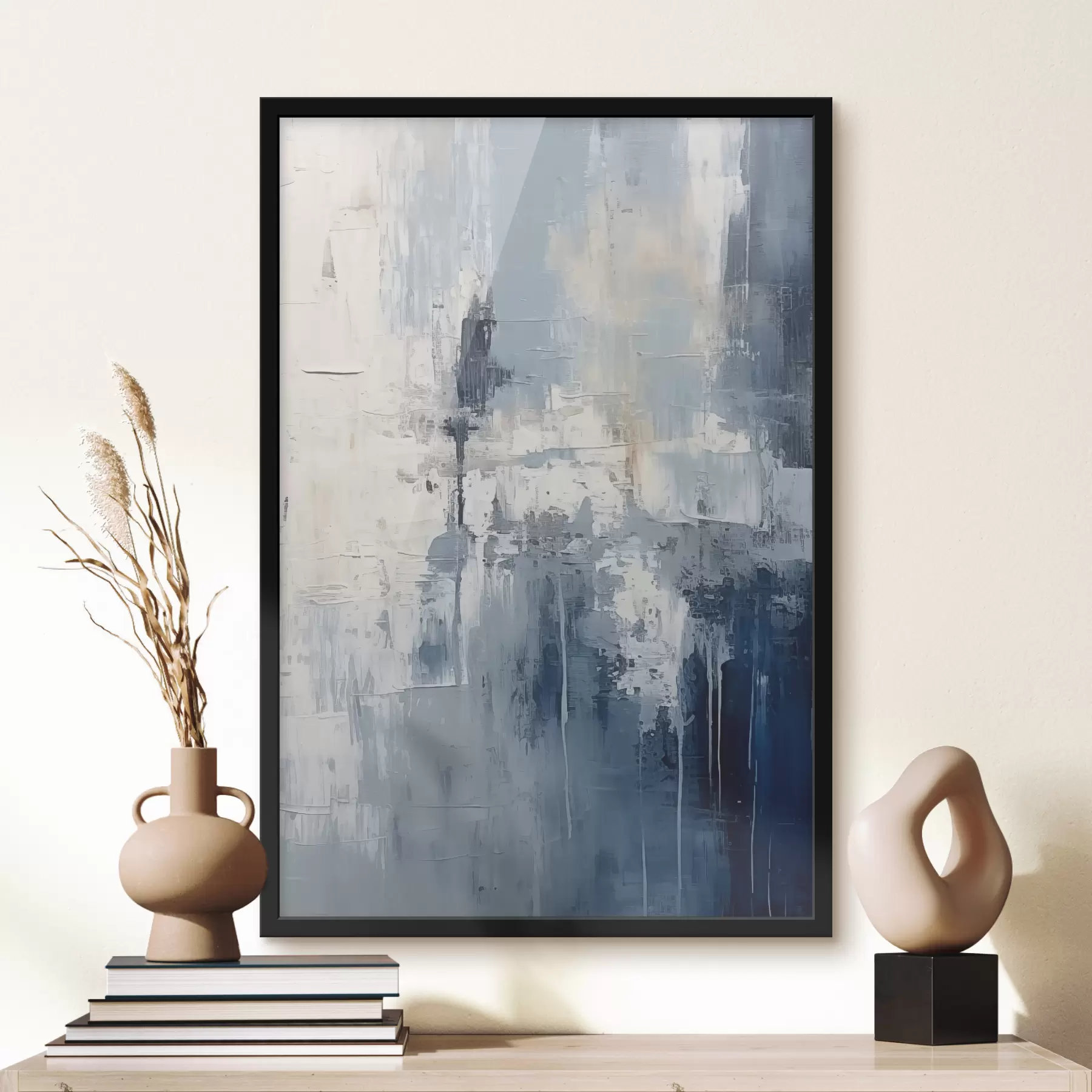 Obraz Abstraktní minimalistická olejomalba, třená, geometrická, skvrna, modrá a bílá barva Č. f38906