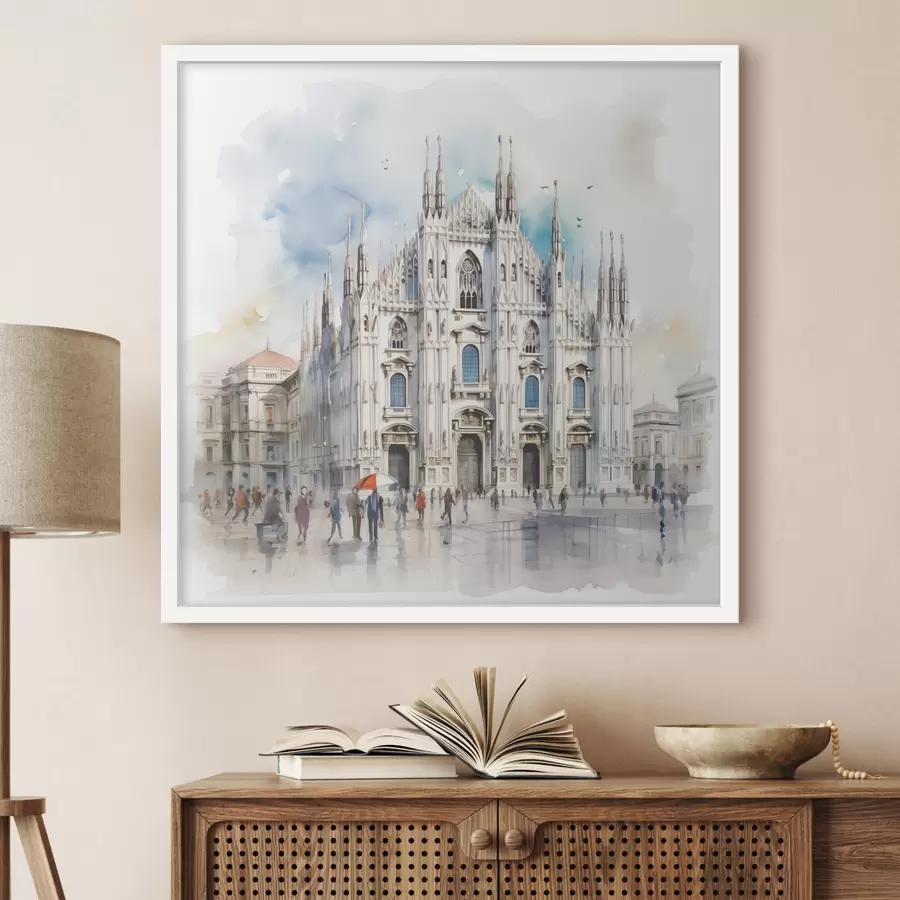 Fototapet Milán Duomo, architektura, město, déšť, akvarel, modrá, šedá, lidé na procházce f38938
