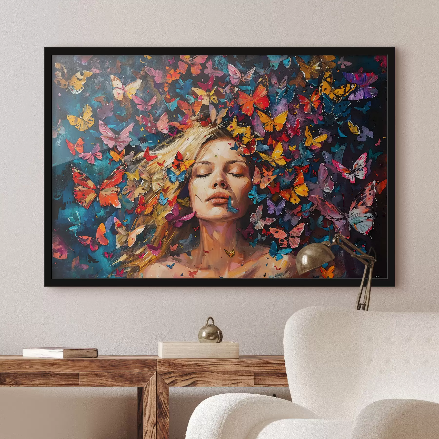 Fototapet Olejomalba mladé ženy obklopené hejnem barevných motýlů na tmavém pozadí f38972