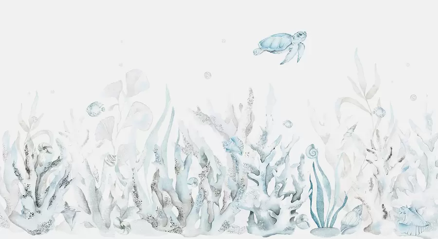 Fototapet Akvarel mořské korály, mušle, želva, mořský život, jemné modré barvy w00849