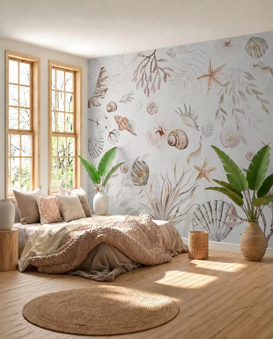 Fototapet Akvarel mořský vzor, boho styl, mušle, korály, bavlna, béžové barvy w00851