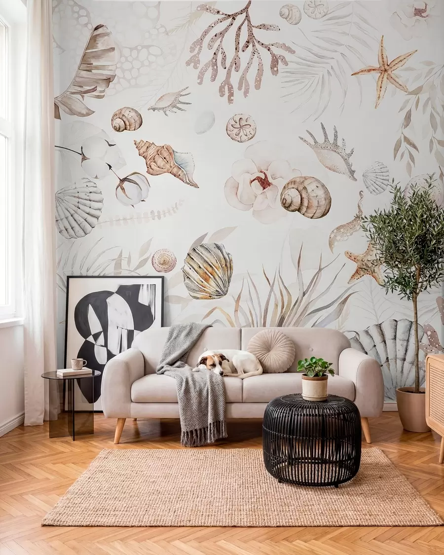 Fototapet Akvarel mořský vzor, boho styl, mušle, korály, bavlna, béžové barvy w00851