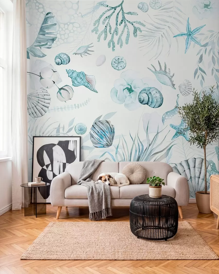 Fototapet Akvarel mořský vzor, boho styl, mušle, korály, bavlna, modré barvy w00851v1
